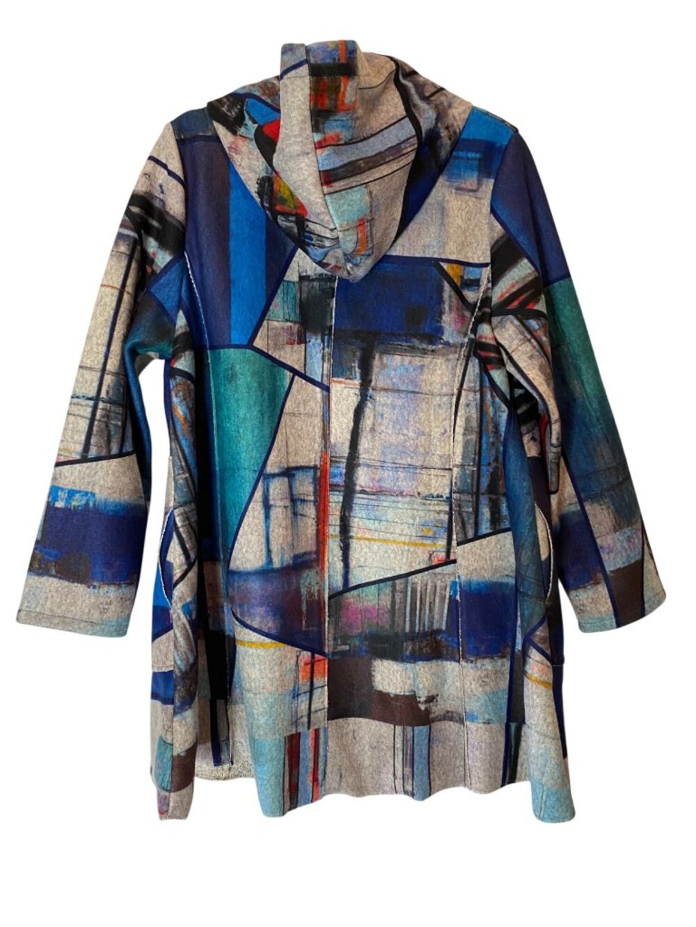 Damee Abstract Print Hooded Jacket With Button Closure Blue Multicolor XL - Picture 2 of 12